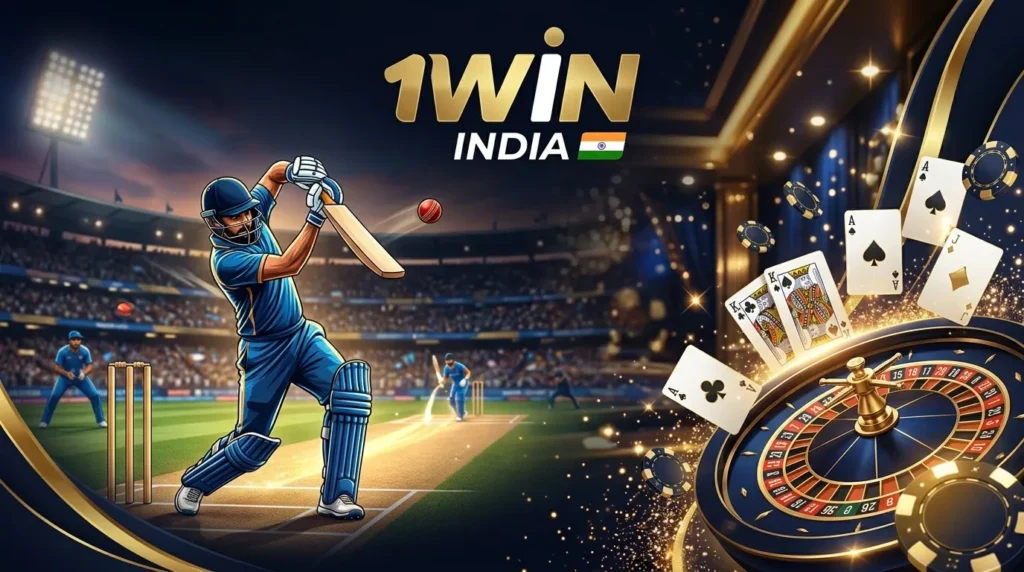 "1WIN INDIA" promotional banner combining sports and casino themes. A cricket player bats in a stadium on the left, while a golden roulette wheel, playing cards, and poker chips are featured on the right.