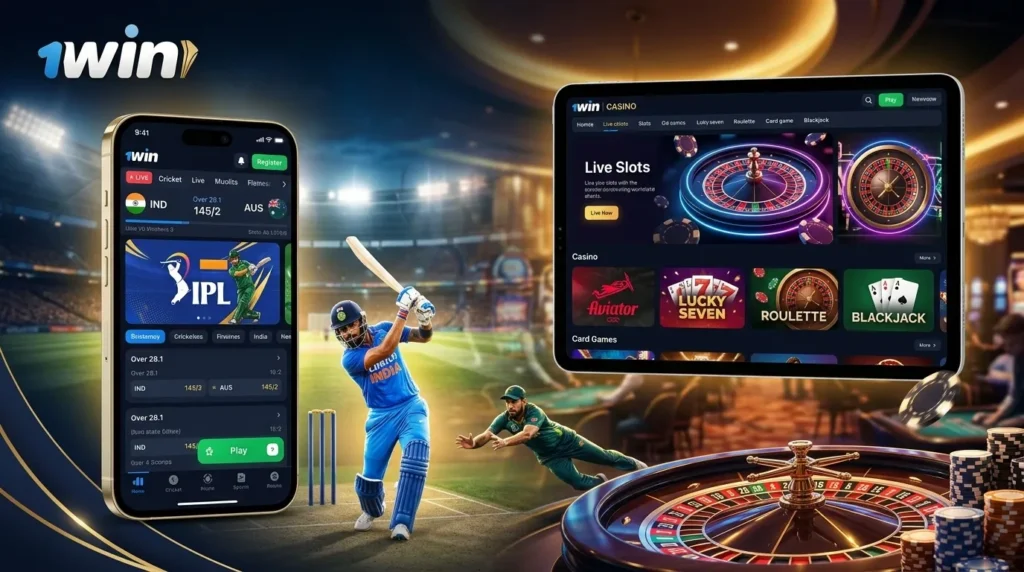 Graphic showing the "1WIN" app on a smartphone and tablet. The background features a live cricket match and a casino roulette wheel, highlighting the platform's variety of sports betting and live slots.